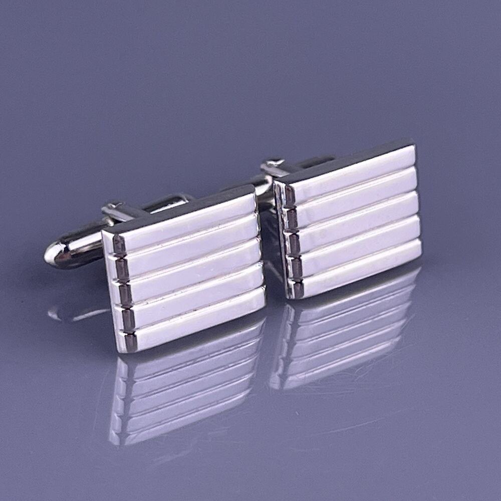 Simple Lines Blocks Cufflinks Silver Tone Horizontal Polished Plain Swank VTG